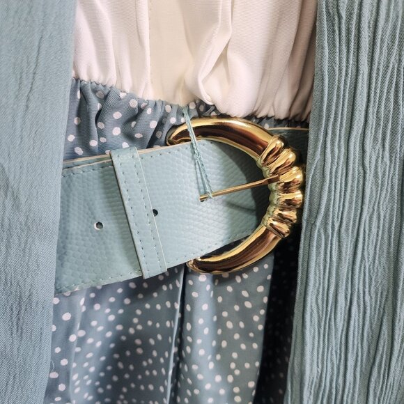 Vintage 80s 90s Teal Green Crinkle Midi Dress & Long Duster Jacket 2pc Set - Picture 6 of 16